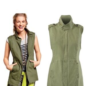 CAbi Green Utility Vest with High Collar and Epaulettes